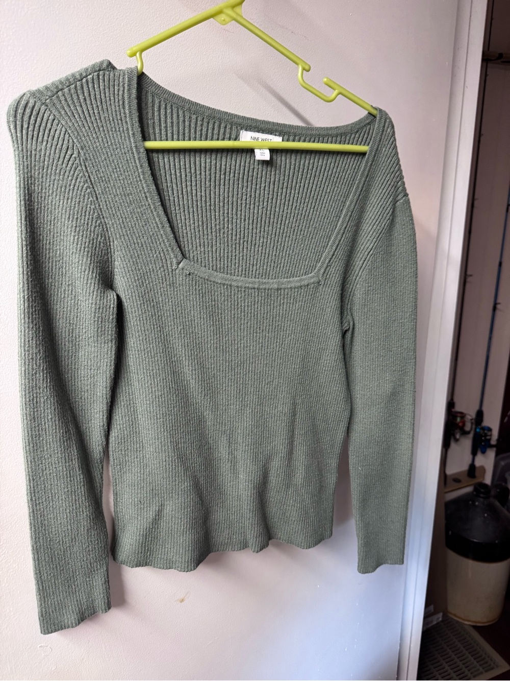 Nine West Sage Green Ribbed Square Neck Pullover